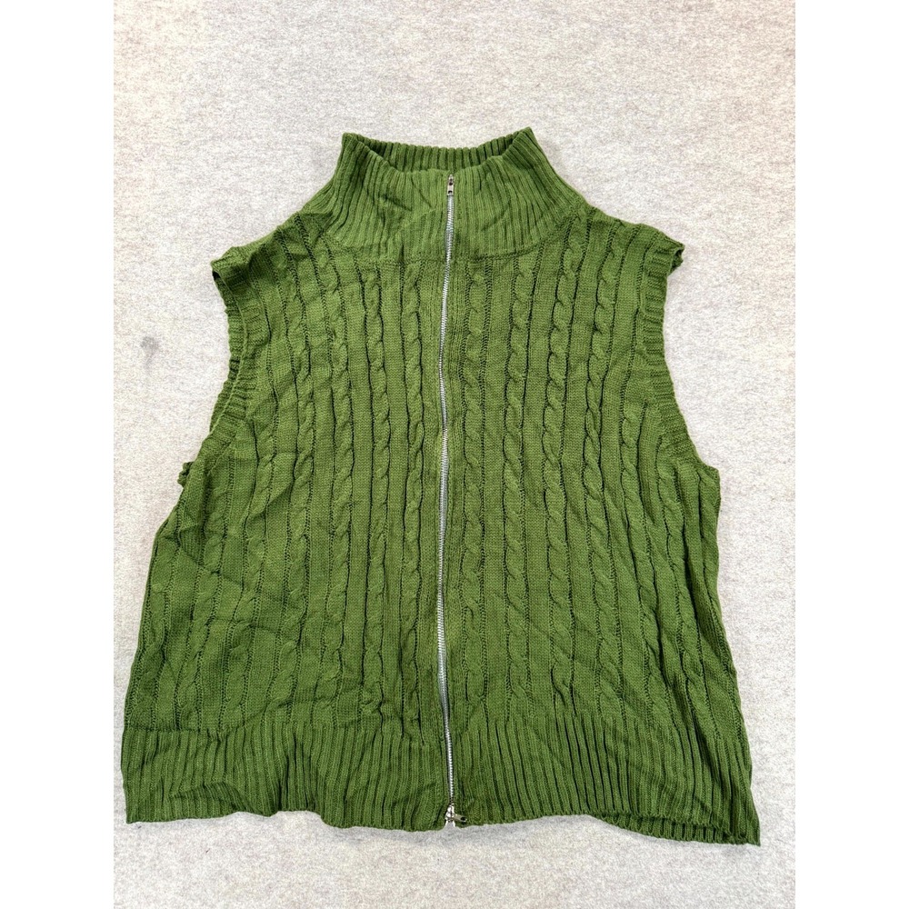 Shein Womens Sweater Vest 3XL Olive Green Full Zip Mock Neck Cable Knit Vest